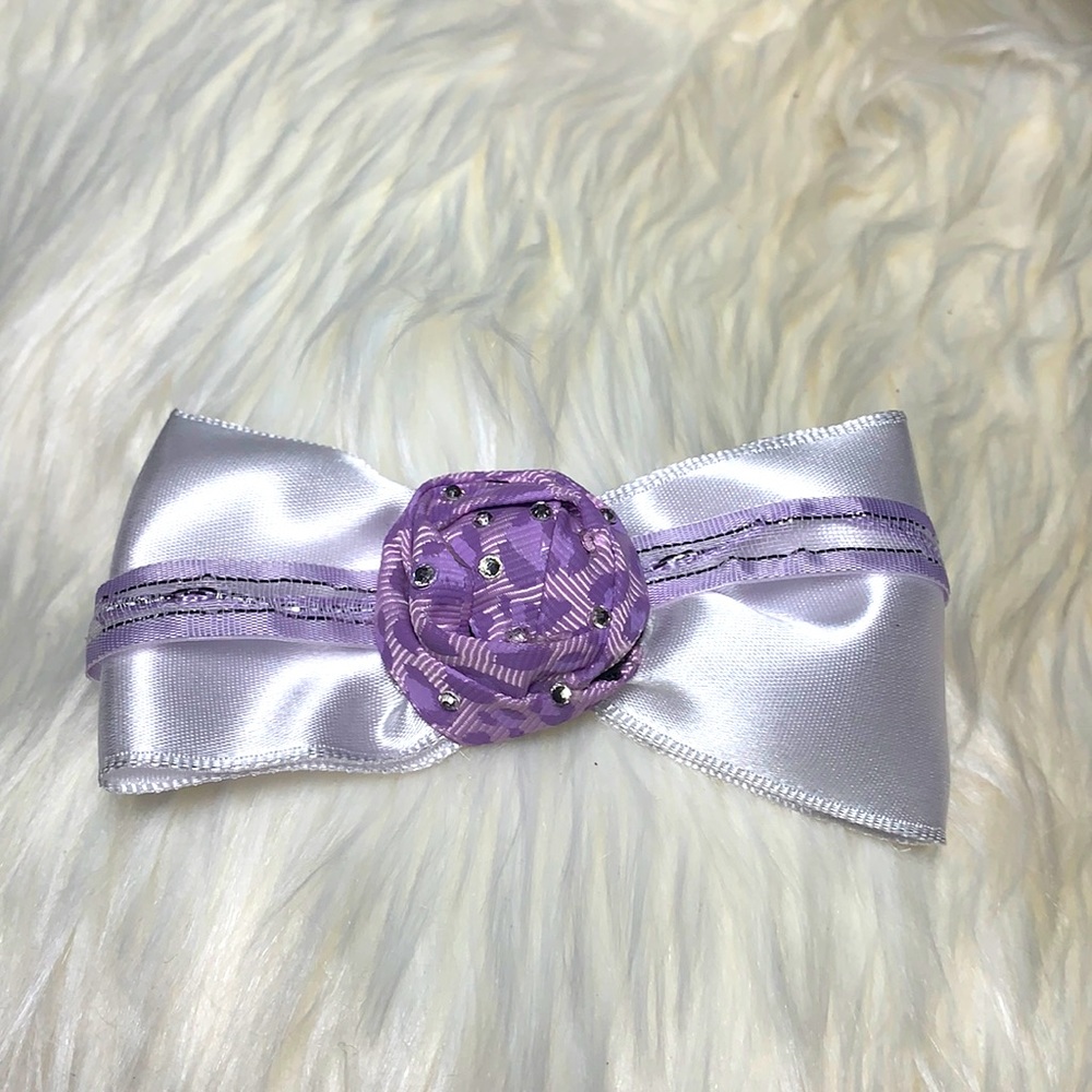 White Satin Hair Bow with Purple Leopard Crystal Rose